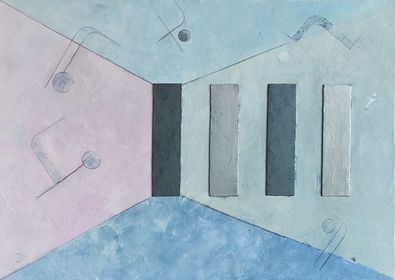 Biale na czarnym ze srebrnym rytmem 50 x 70 cm