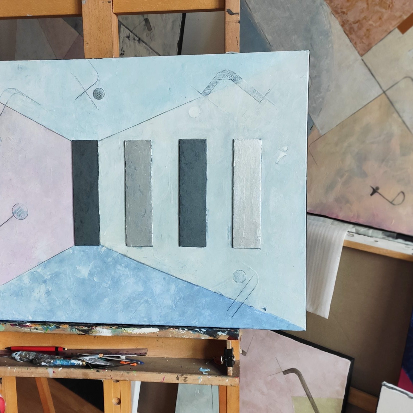 Biale na czarnym ze srebrnym rytmem 50 x 70 cm