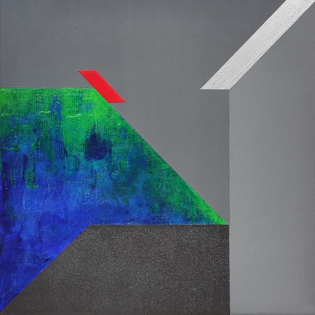 Szary obraz z czerwonym paskiem, 20 x 20 cm