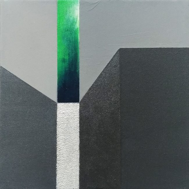 Miniatura malarska, szara z zielonym i srebrnym pasem, 20 x 20 cm