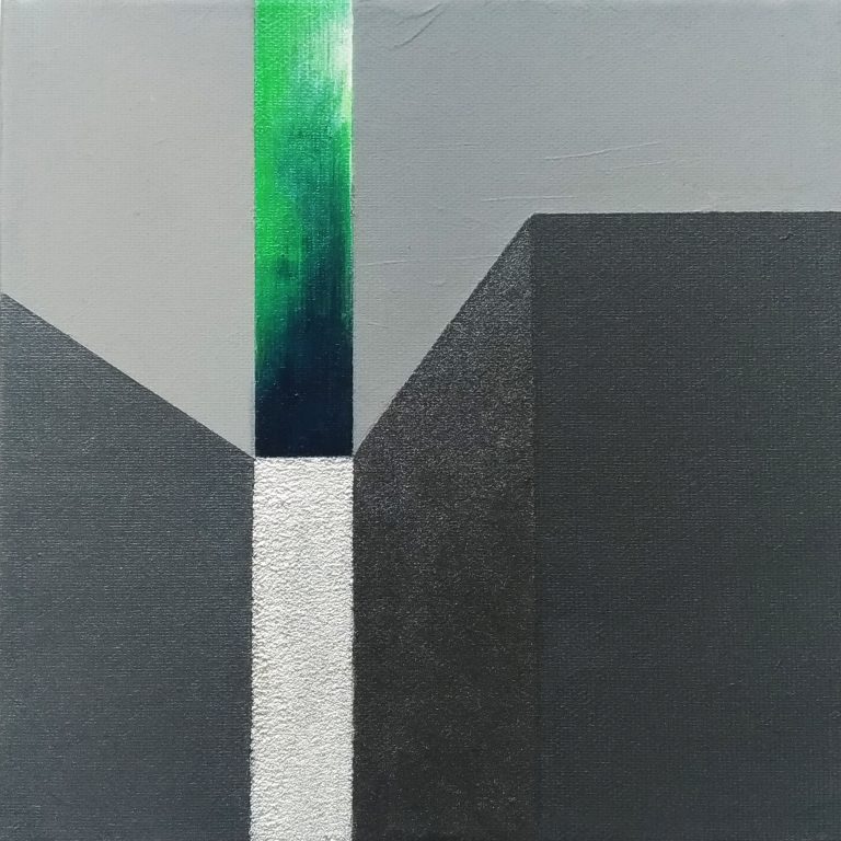 Miniatura malarska, szara z zielonym i srebrnym pasem, 20 x 20 cm