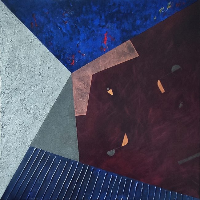 Podział na płótnie ze strukturalnym trójkątem i miedzianym wielokątem, 70 x 70 cm