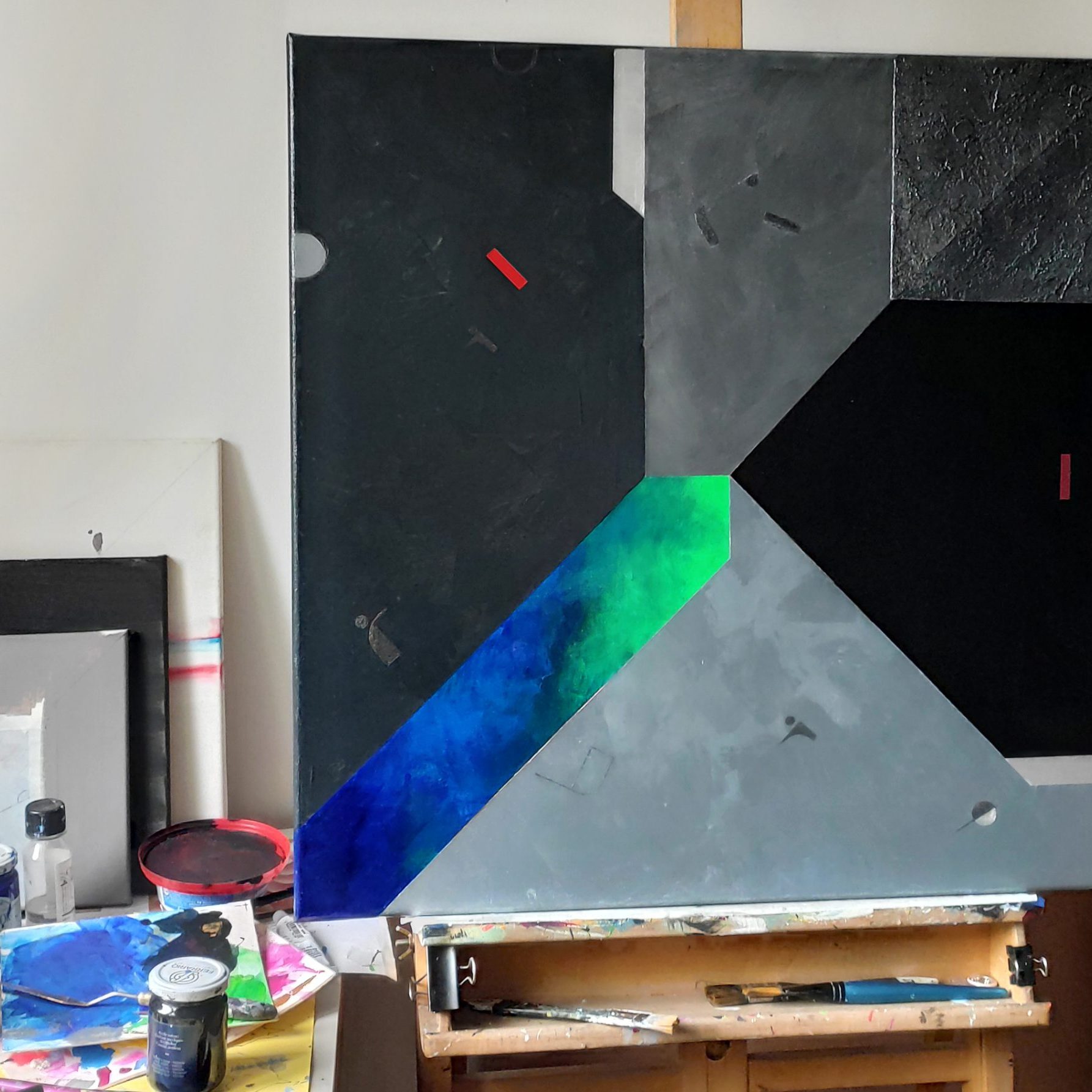 Metaliczny z zielonym pasem, Direction, 70 x 70 w pracowni.