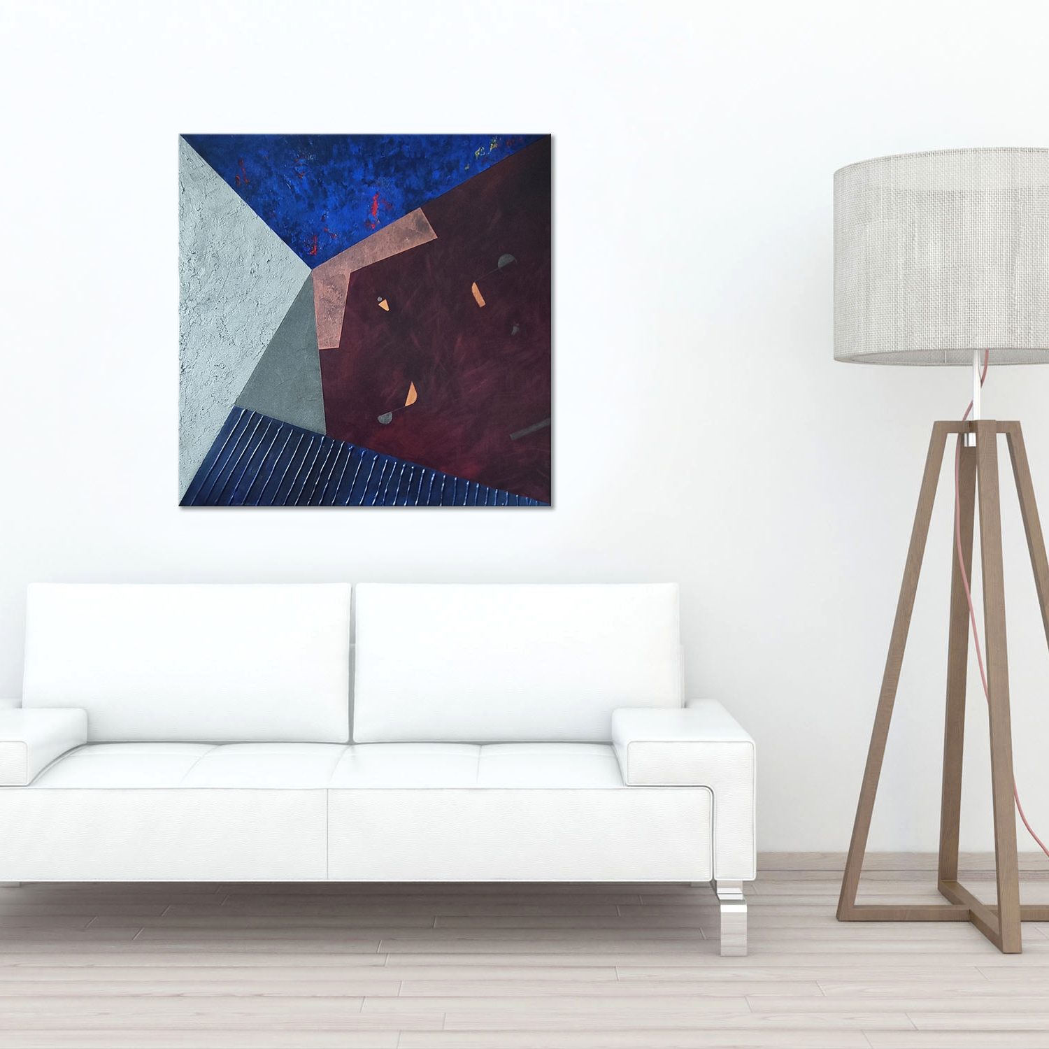 Podział na płótnie ze strukturalnym trójkątem i miedzianym wielokątem. wnętrze.