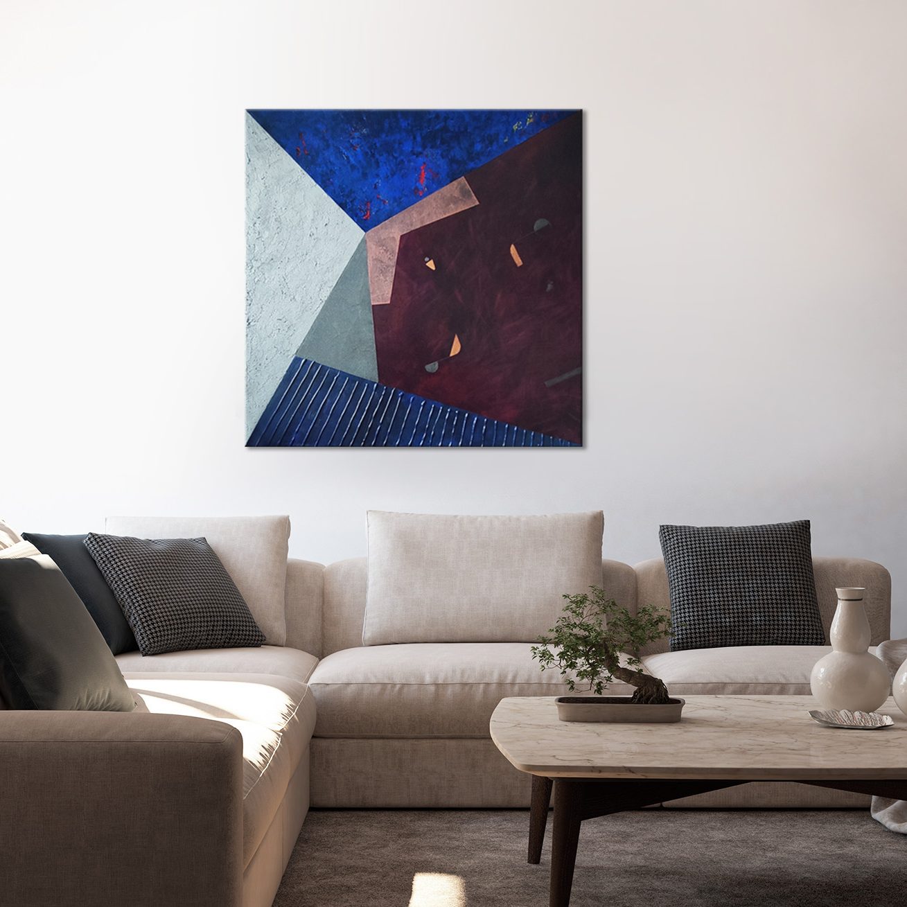 Podział na płótnie ze strukturalnym trójkątem i miedzianym wielokątem. wnętrze.