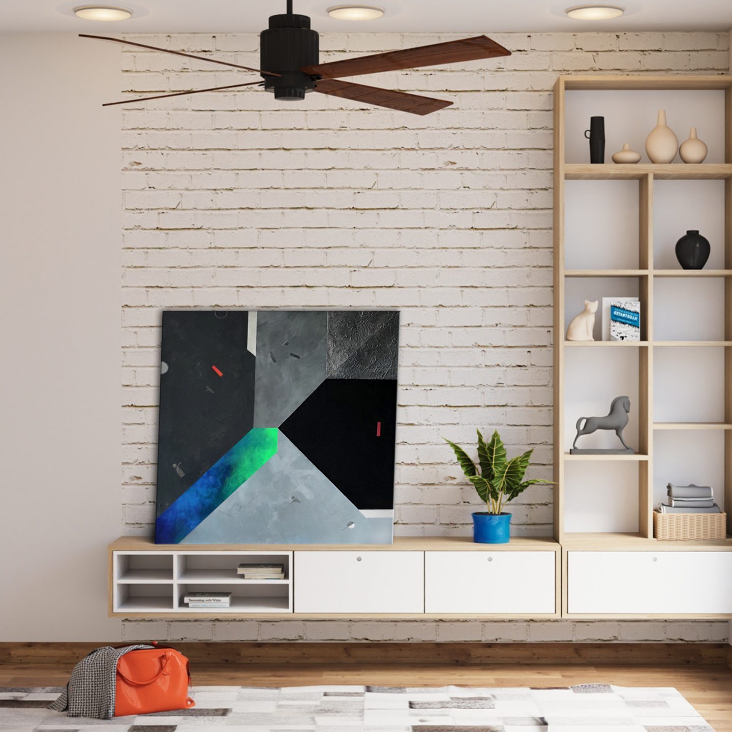 Wnętrze z zielonym pasem po przekatnej, 70 x 70 cm